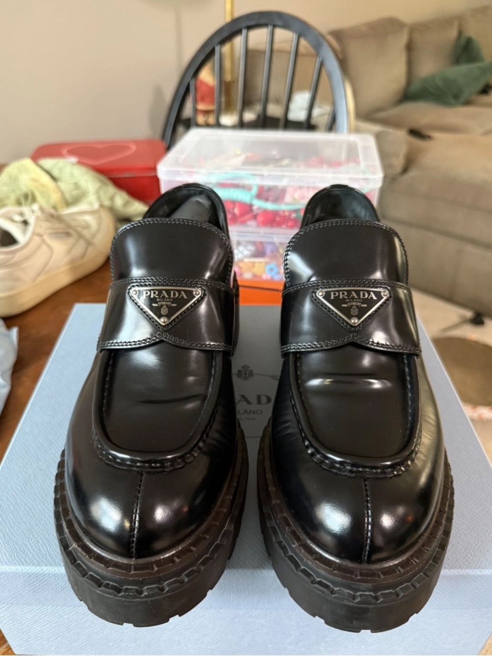 Prada Monolith Triangle Logo Loafers Black Leather Lug Sole EU 40